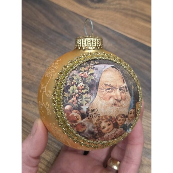 Unbranded Other - Vtg Germany Glass Christmas Ornament Santa Children Gold Ball 4” Hand Decorated